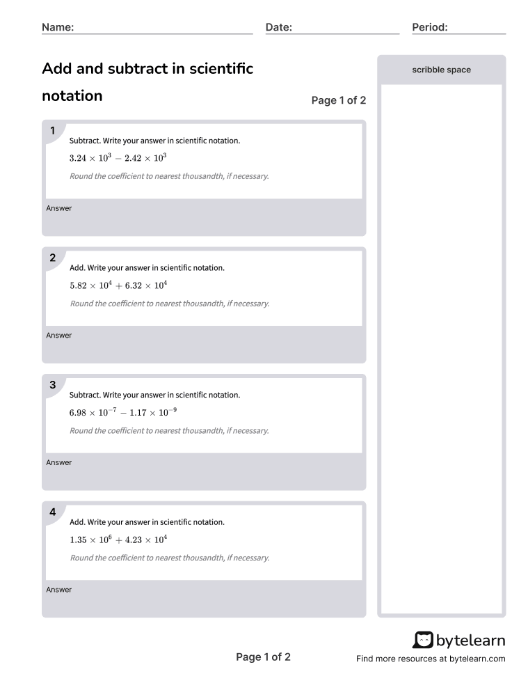 Add And Subtract In Scientific Notation Worksheets PDF 8 EE A 4