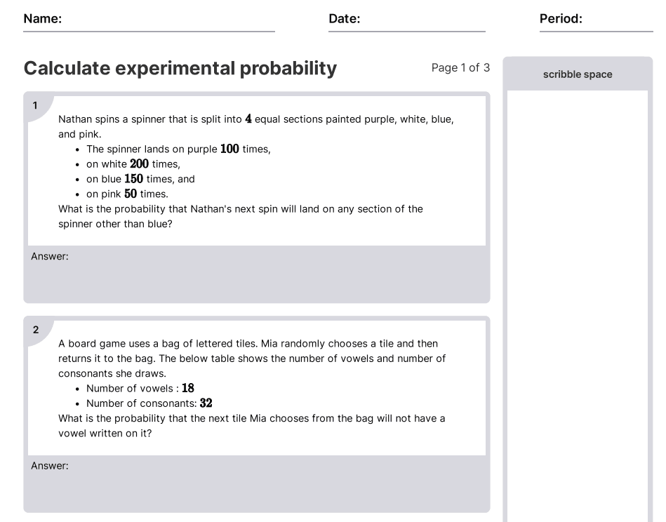 Calculate Experimental Probability Worksheets PDF 7 RP A 1 7th