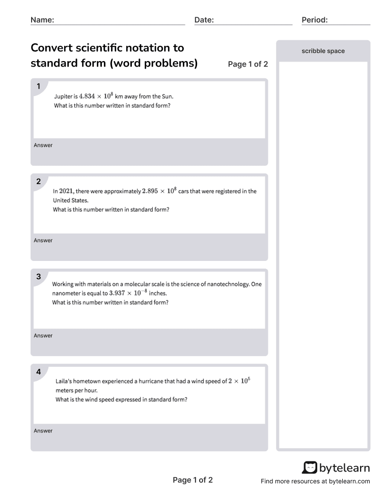 Convert Scientific Notation To Standard Form Word Problems Worksheets