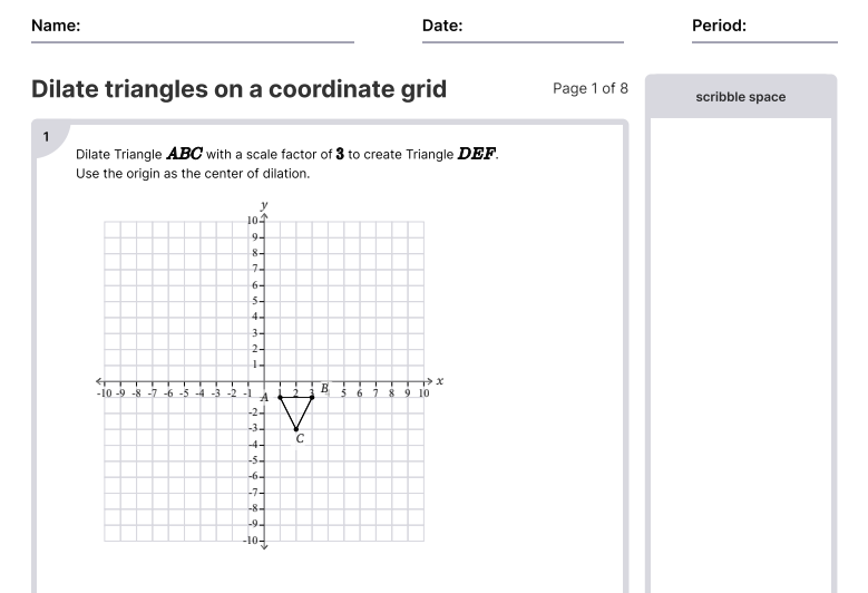 Dilate Triangles On A Coordinate Grid Worksheets [PDF] (8.G.C.9) 8th