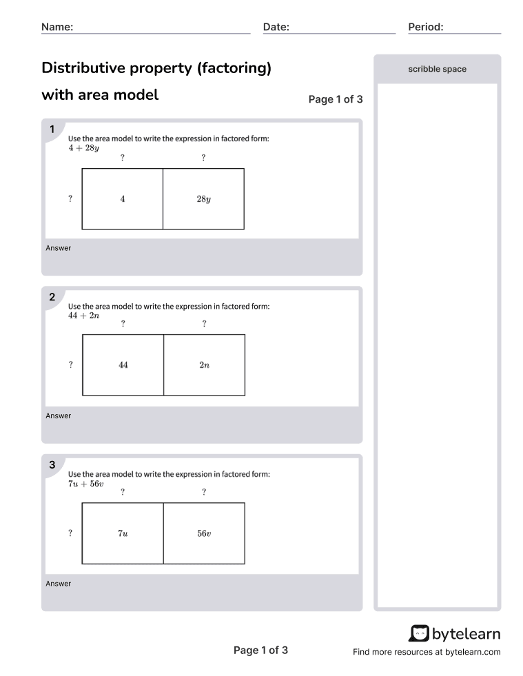 Distributive Property Factoring With Area Model Worksheets PDF 6