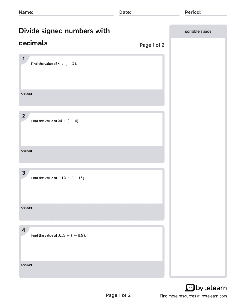 Divide Signed Numbers With Decimals Worksheets [PDF] (7.NS.A.2.B) 7th Grade Math