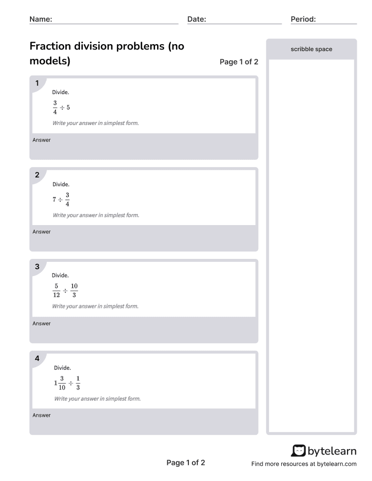 Fraction Division Problems No Models Worksheets PDF 6 NS A 1 6th