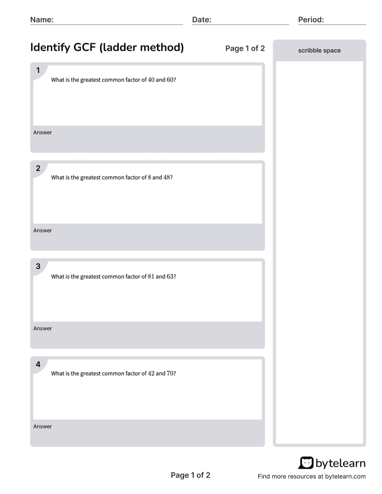 Identify Gcf Ladder Method Worksheets PDF 6 NS B 4 6th Grade Math