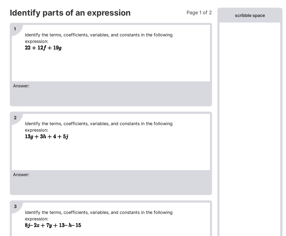 Identify Parts Of An Expression Worksheet [PDF] (6.RP.A.1): 6th Grade Math