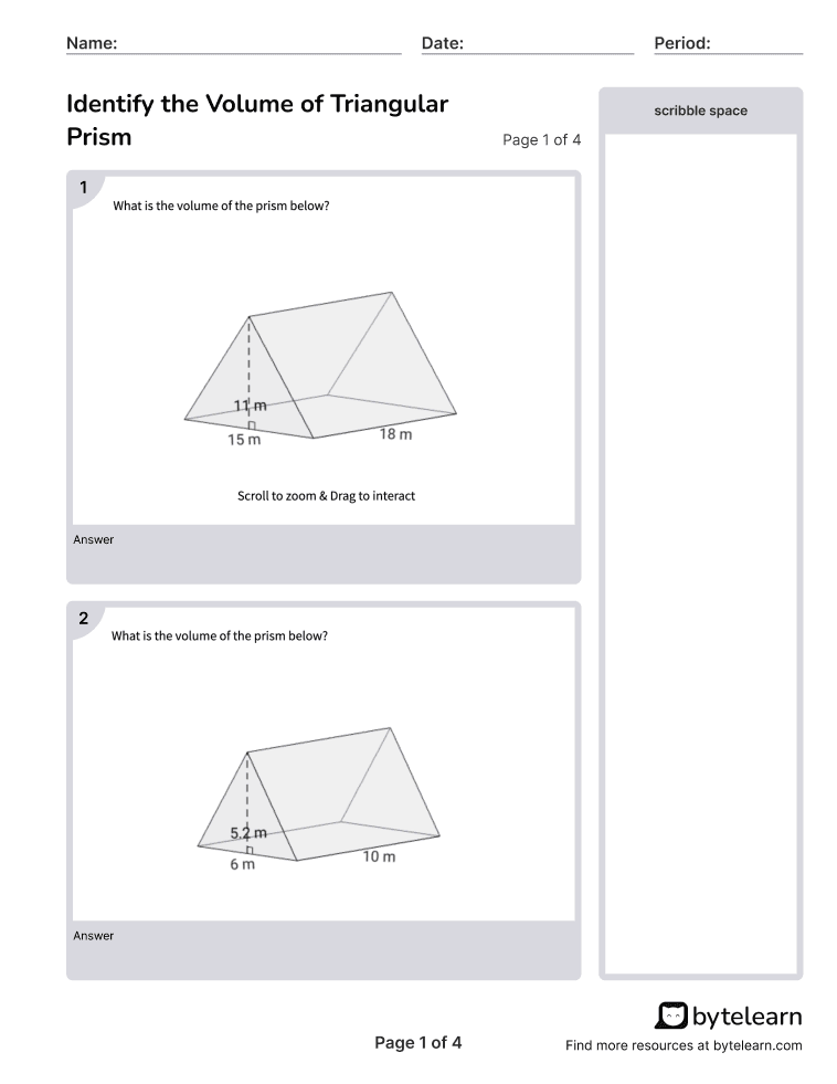 Find Volume Of Triangular Prism Worksheets PDF 7 G B 6 7th Grade Math