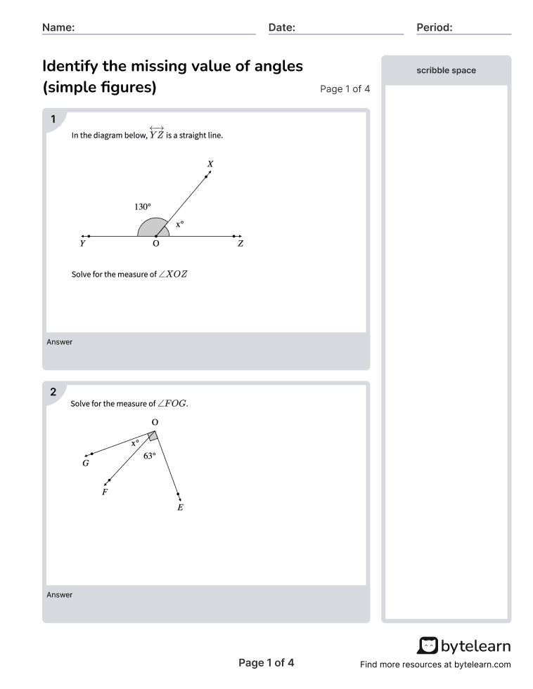 Find Missing Angles Simple Figures Worksheets PDF 7 G B 5 7th