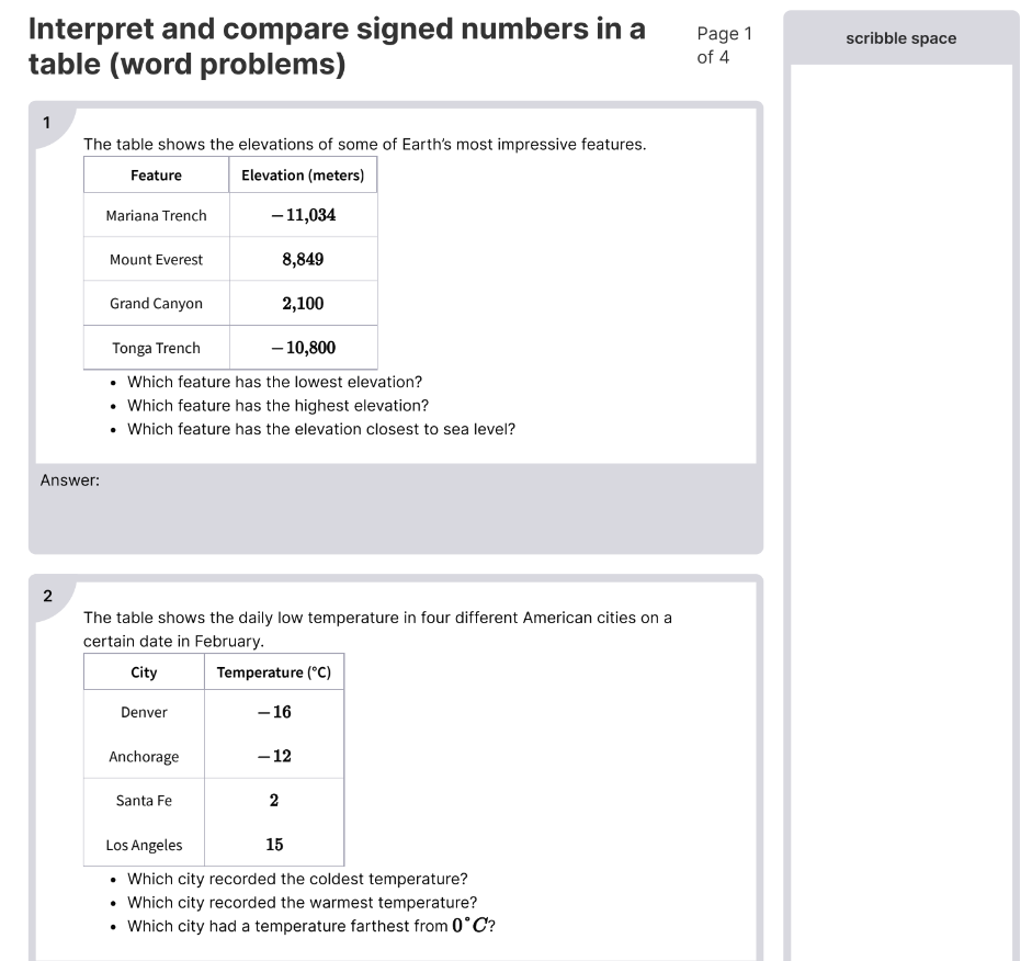 Interpret And Compare Signed Numbers In A Table (Word Problems