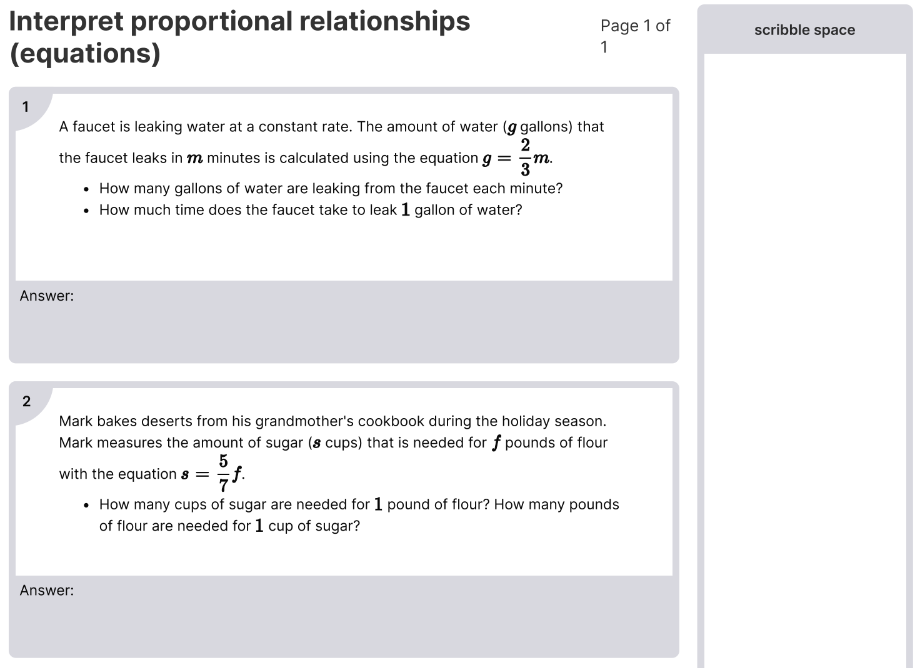 Interpret Proportional Relationships (Equations) Worksheet [PDF] (7.SP