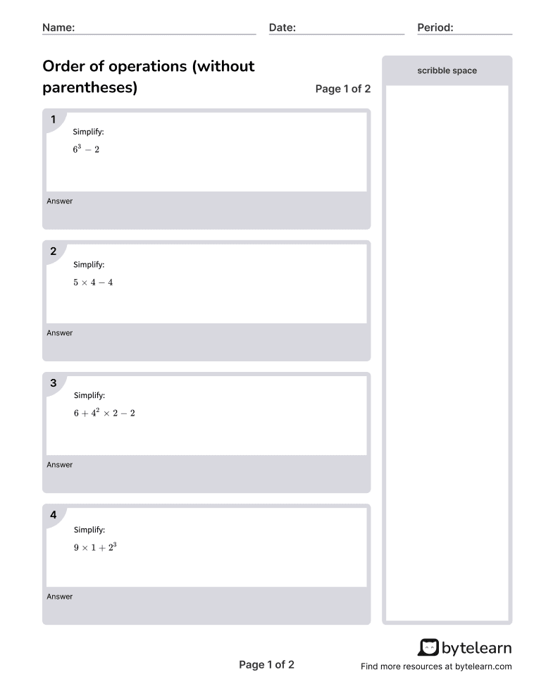 Order Of Operations (Without Parentheses) Worksheets [PDF] (6.EE.A.2 ...