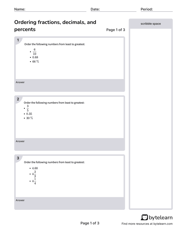 Ordering Fractions Decimals Percents Worksheets PDF 6 NS C 7 6th