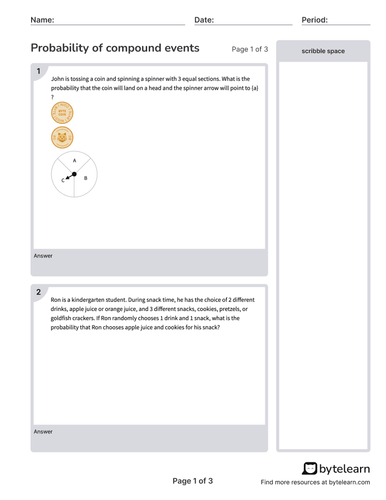 Probability Of Compound Events Worksheets [PDF] (7.SP.C.8.A): 7th Grade Math