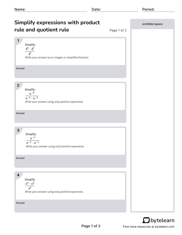 Simplify Expressions With Product Rule And Quotient Rule Worksheets