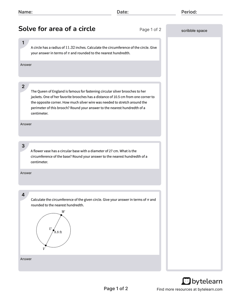 Find Area Of A Circle Worksheets PDF 7 G B 4 7th Grade Math