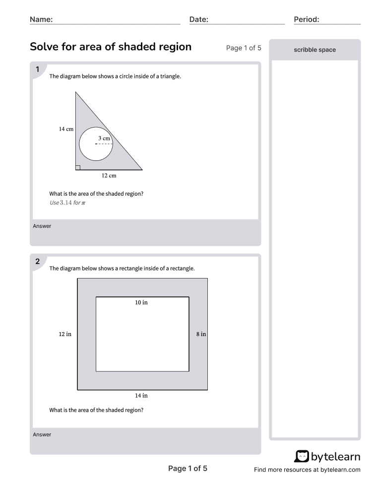 Find Area Of Shaded Region Worksheets [PDF] (7.G.B.6): 7th Grade Math