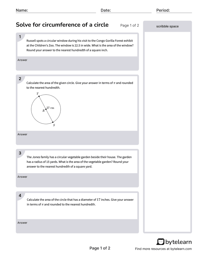 Find Circumference Of A Circle Worksheets PDF 7 G B 4 7th Grade Math