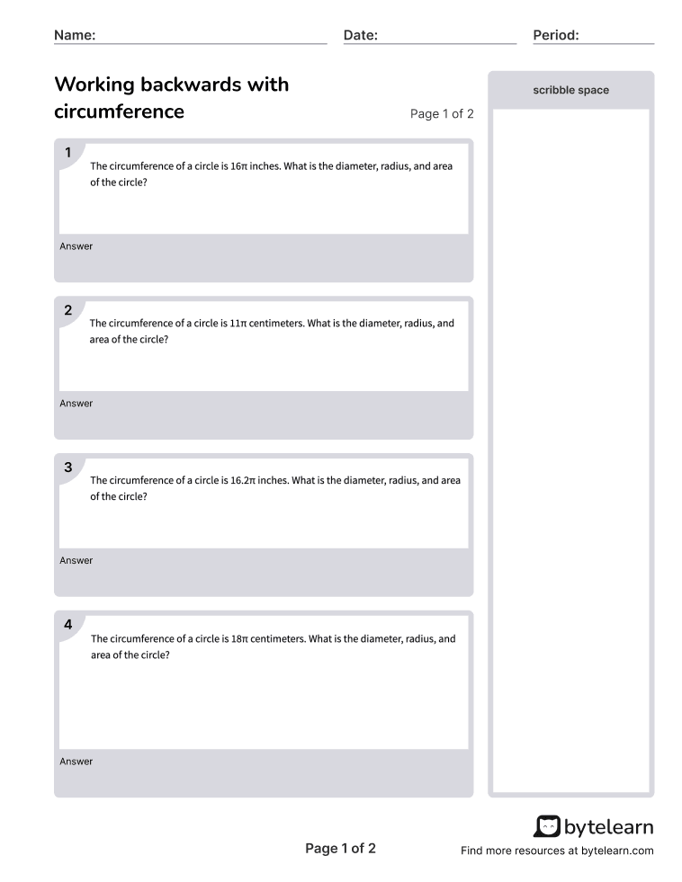 Work Backwards With Circumference Worksheets PDF 7 G B 4 7th Grade