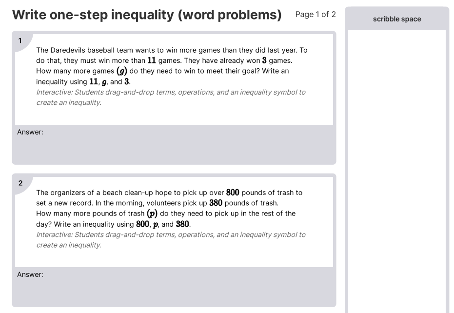 Write One Step Inequality Word Problems Worksheet PDF 6 RP A 1