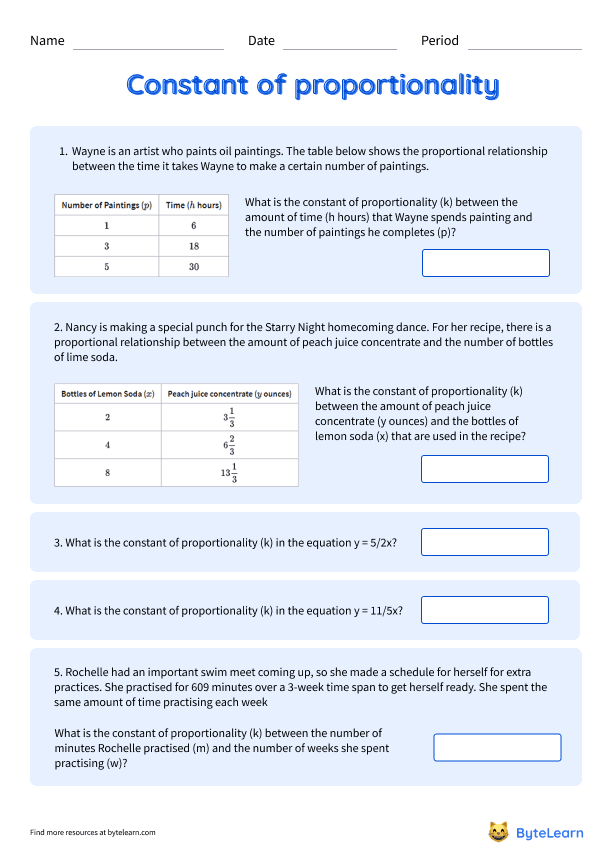 Find Constant Of Proportionality Worksheets [PDF] (7.RP.A.2.B): 7th Grade  Math