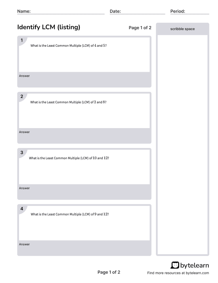 Identify Lcm (Listing) Worksheets [PDF] (6.NS.B.4): 6th Grade Math