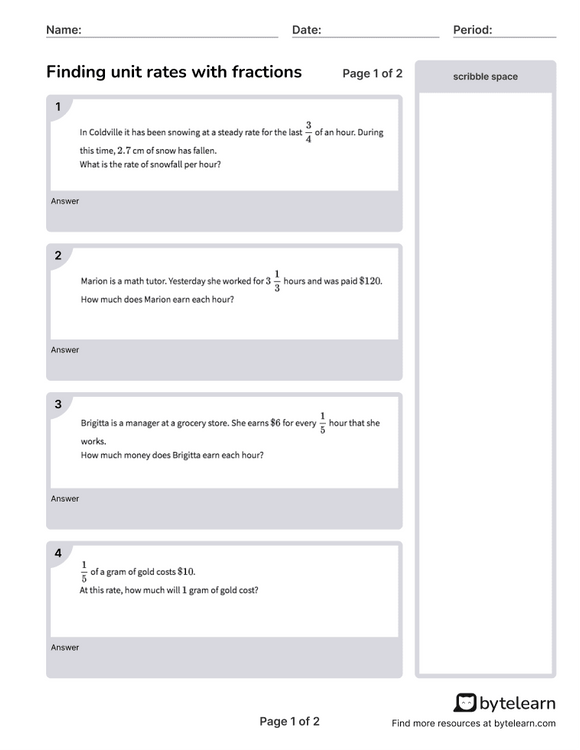 Find Unit Rates With Fractions (Word Problems) Worksheet