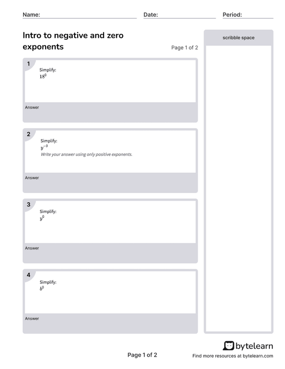 Intro To Negative And Zero Exponents Worksheets [PDF] (8.EE.A.1): 8th Grade  Math